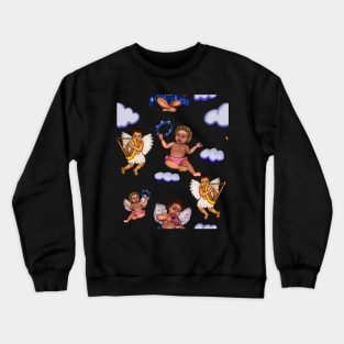 Orchestra of Curly haired Angels pattern in blue the cherubs are playing the tambourine, violin and harp - blissful Sun kissed curly haired Baby cherub angel classical art Crewneck Sweatshirt